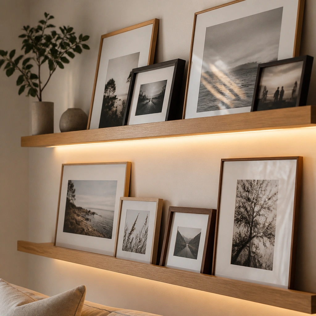 A wooden picture ledge with photos leaning in tiers, lit by warm LED tape mounted under the ledge lip, casting a soft glow upward.