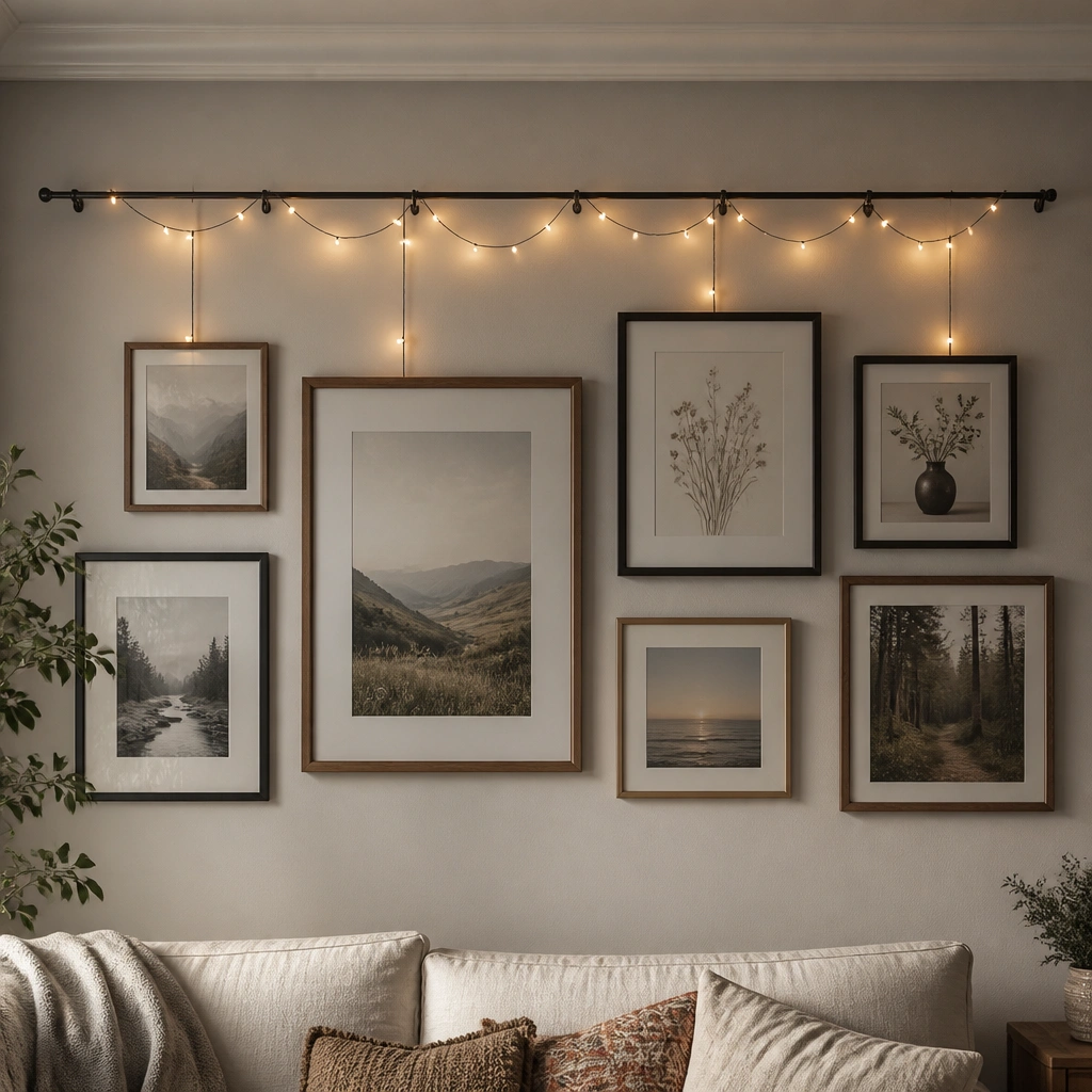 A gallery wall with several framed prints, connected by a single warm fairy light strand draped on a tension rod above, with cords neatly clipped to the frames’ backs.