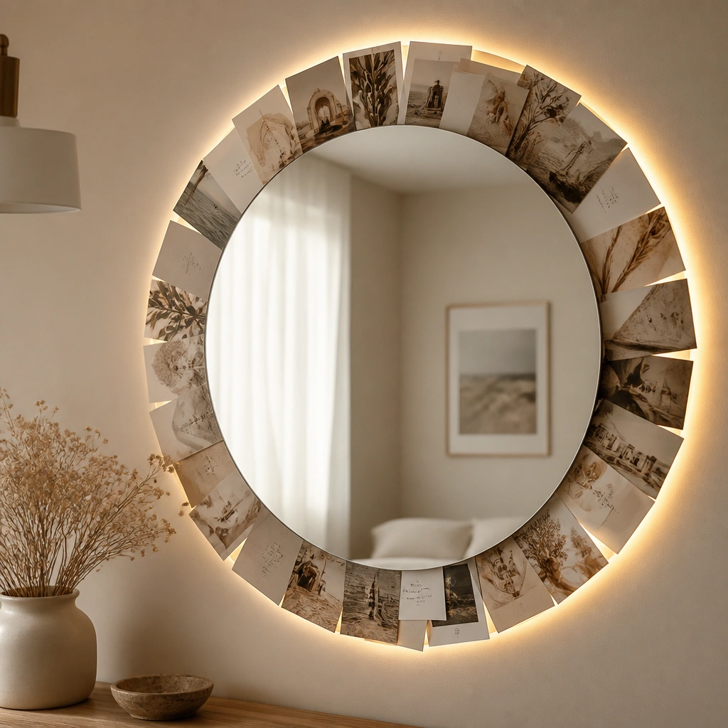 A round mirror with a collage around its perimeter, outlined by warm LED rope lights creating a halo effect, with small goal cards tucked behind the mirror edges.