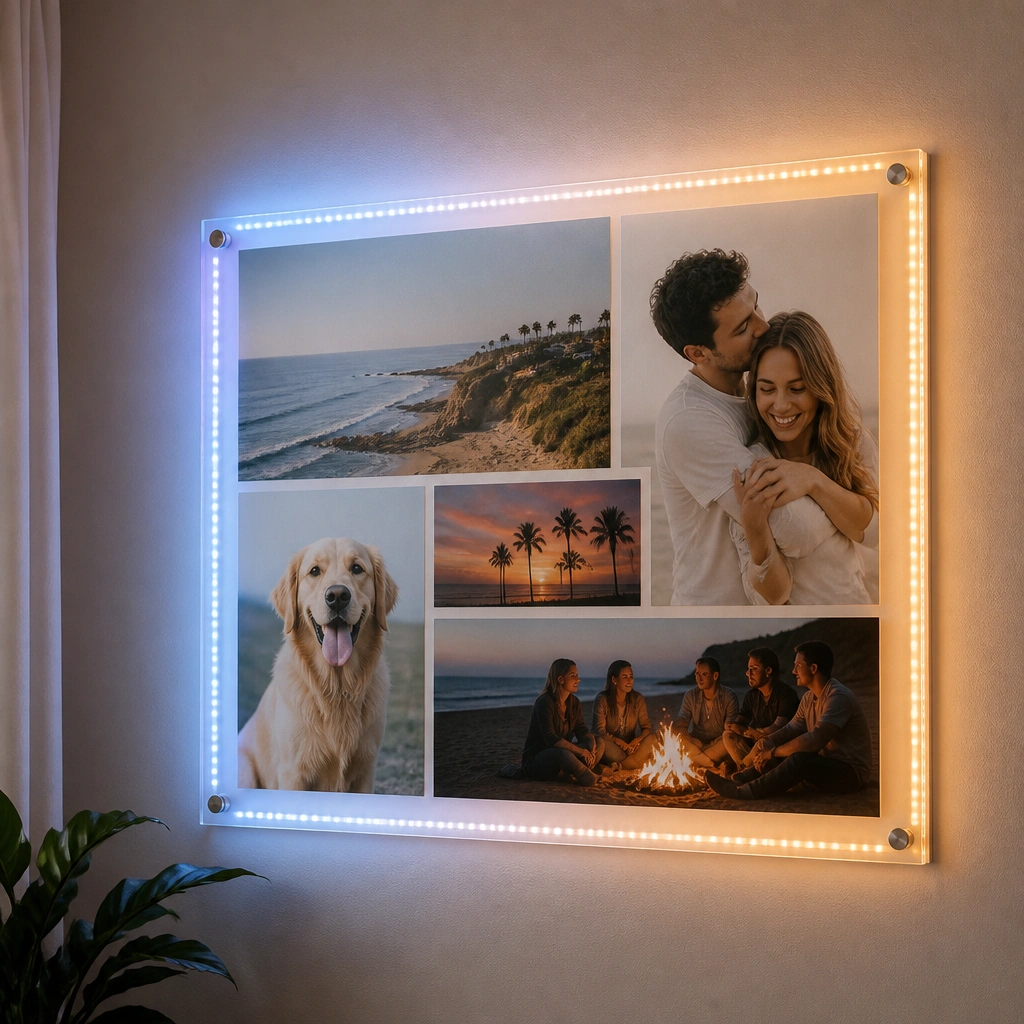 An acrylic photo frame wall panel with photos sealed behind clear acrylic, with small LED dots creating a subtle cool-to-warm gradient around the edges.