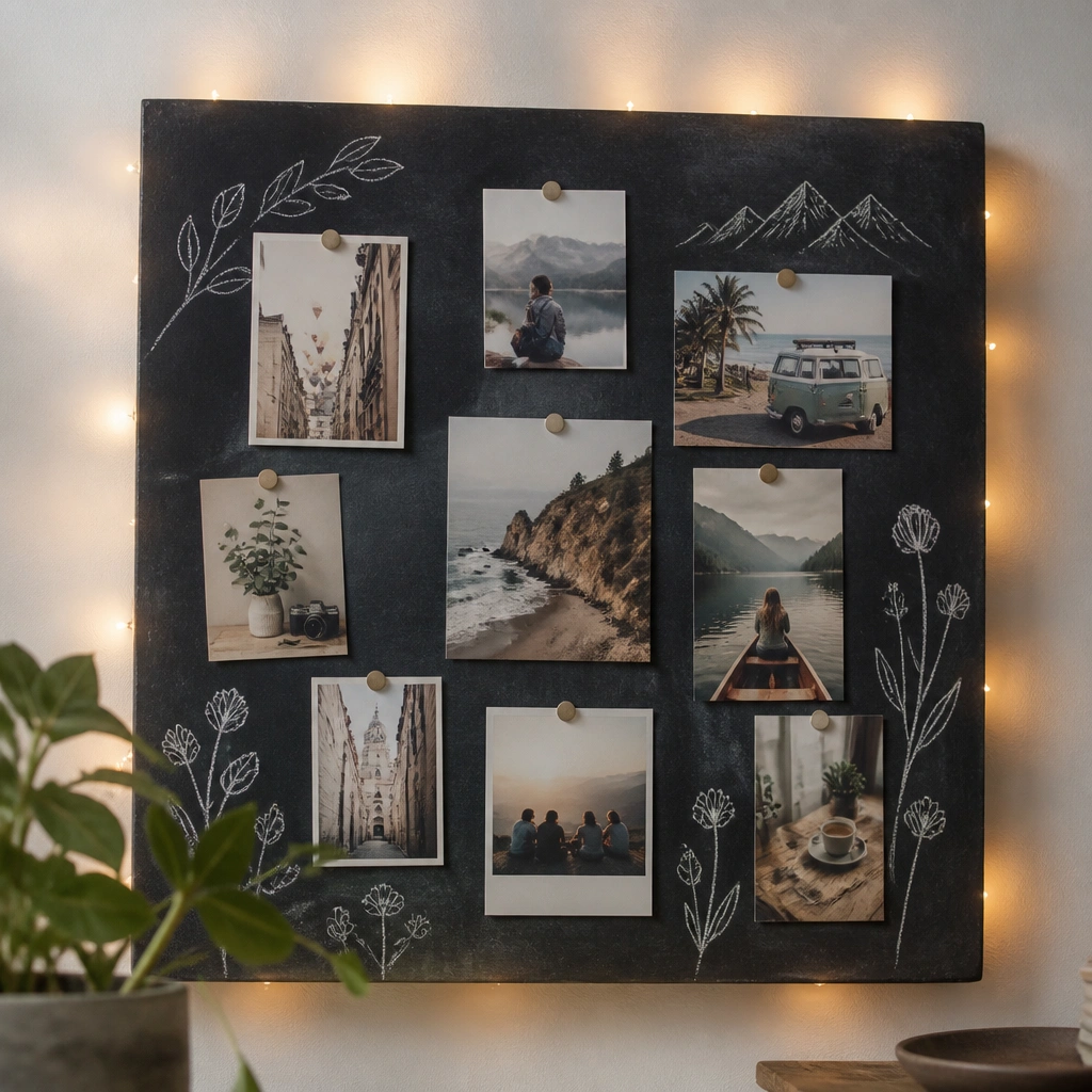 A chalkboard-style backing with light sketches and pinned photo cutouts, with warm string lights tucked behind the board so the glow shows around the edges.