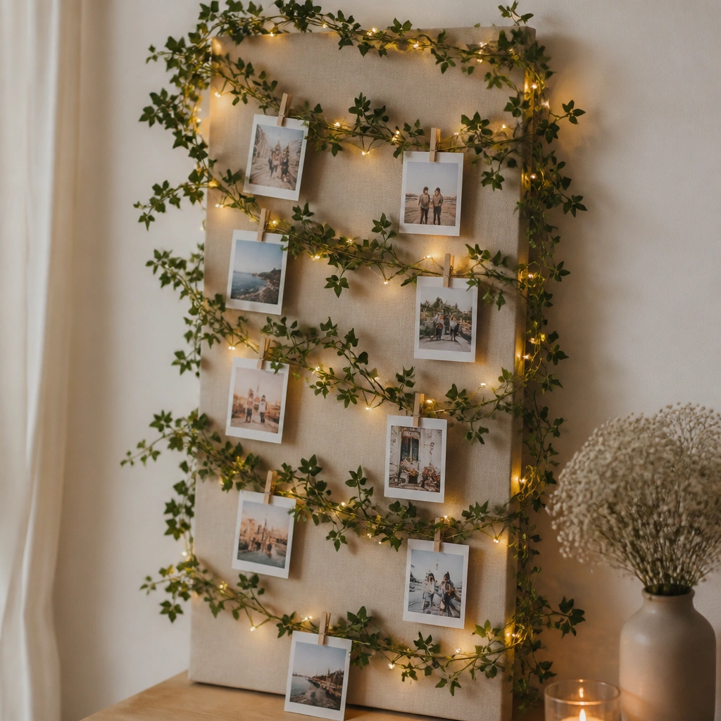 A vertical board with faux vine garlands wrapping around it, photos clipped to the vines, and warm fairy lights hidden inside the greenery.
