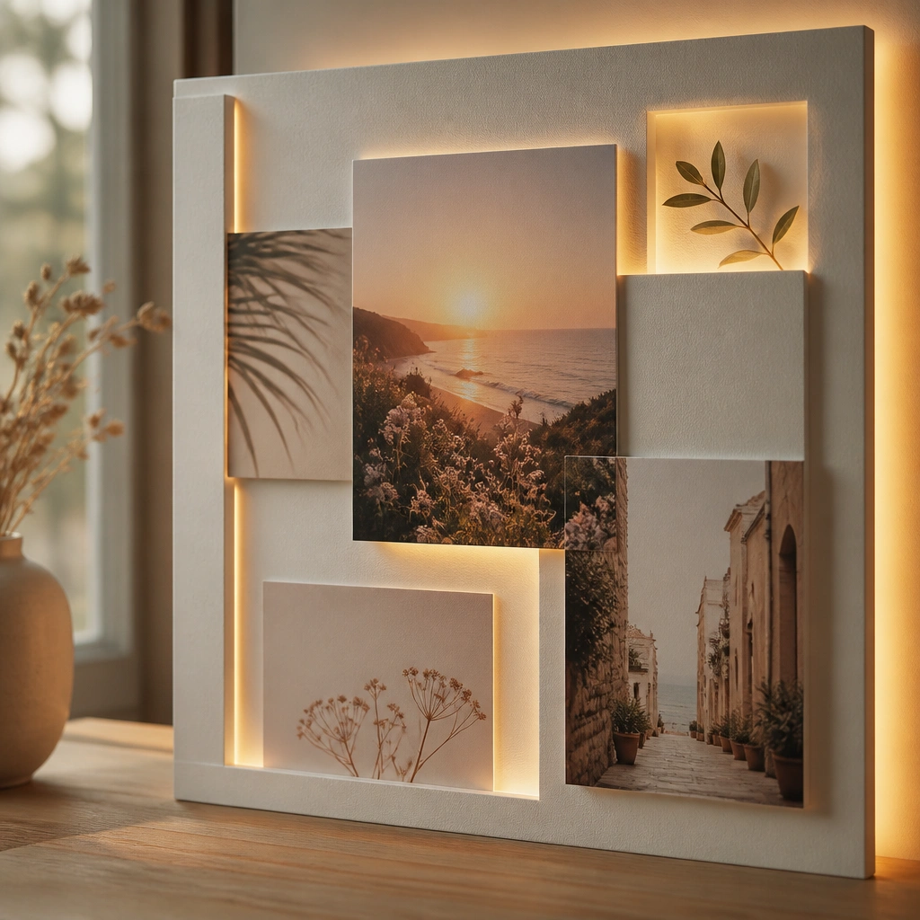 Thick foam board with layered photo cutouts and small cut paper windows, lit by warm LED strips along the back edges creating a gentle frame glow.