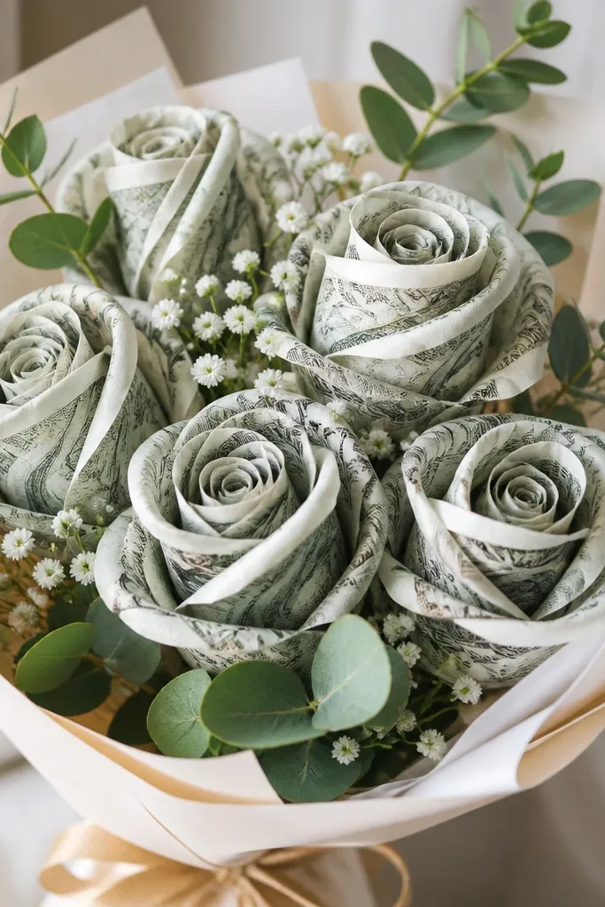 A money bouquet flower where the bill looks like a soft spiral rose, with the center taped and the outer edges curled outward slightly.