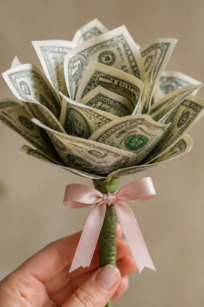 A money flower with a small ribbon tied around the taped center, with trimmed ribbon tails hanging down.