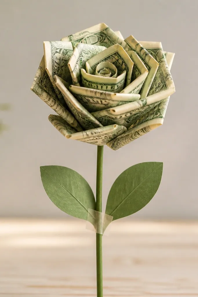 Two small green leaf cutouts taped to the stem below the money flower, angled outward like a mini bouquet garnish.