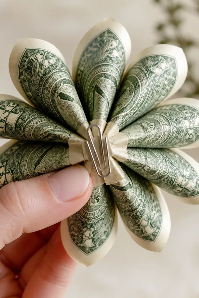 The underside of a money flower shows a small paper clip holding the petal fan, with the front still neatly taped at the center.