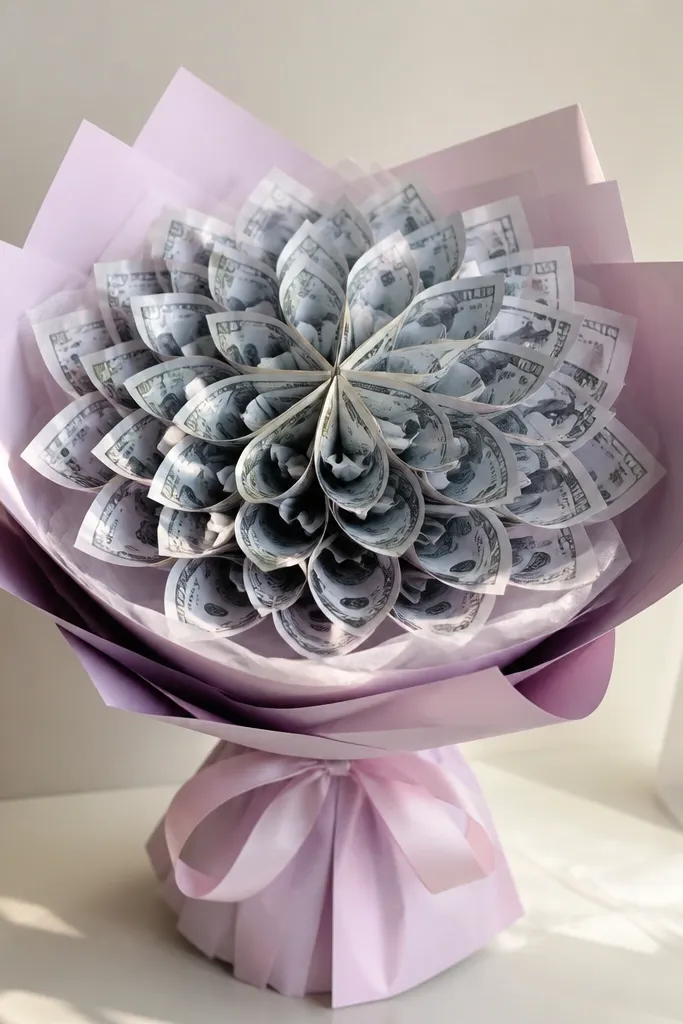 A money bouquet wrapped with pastel tissue paper (light pink or lavender) around the stem, with the money flower centered on top.
