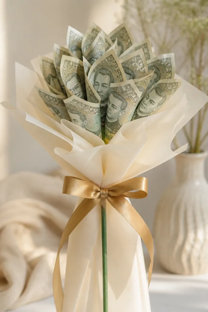A cream tissue wrap with a gold-toned ribbon tied at the base of a money bloom on a green floral-taped skewer.