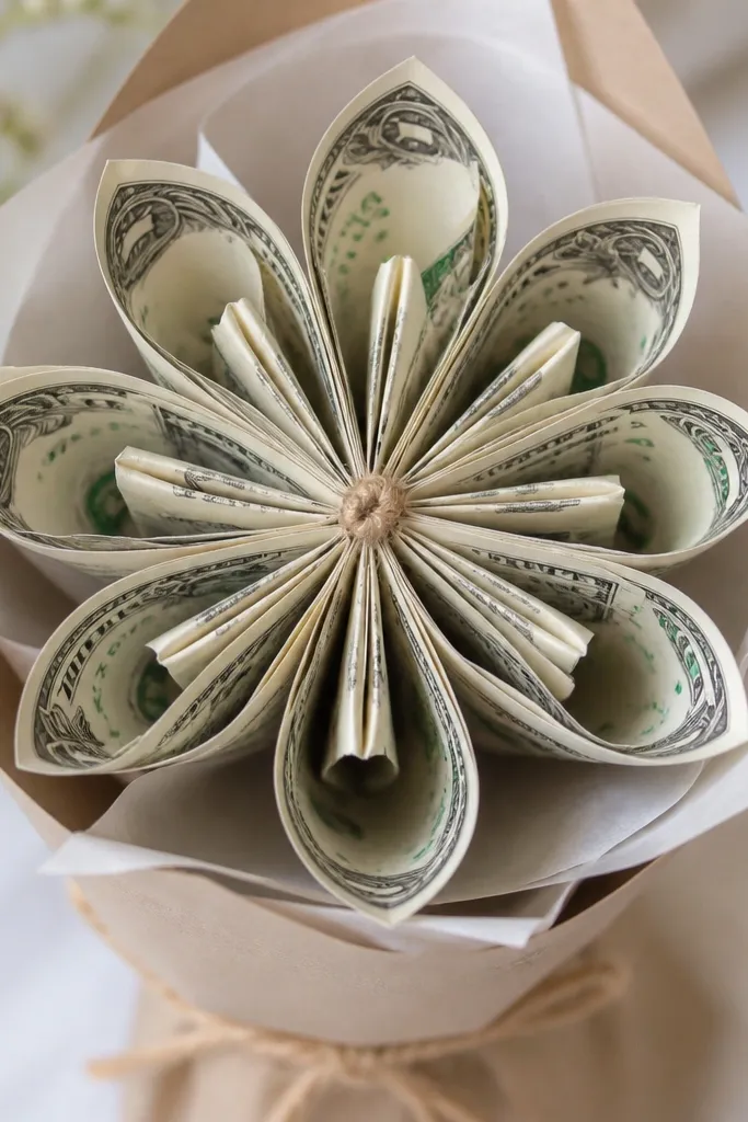 A money bouquet flower with a tiny knot of string at the center, with the petals neatly fanned and symmetrical.