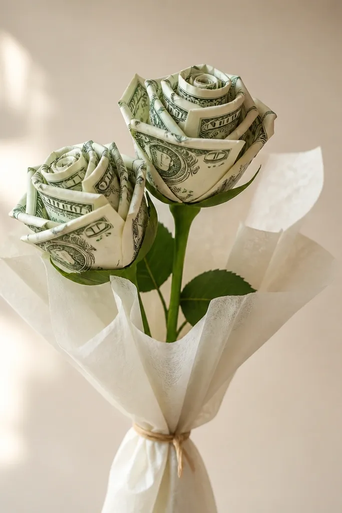 Two small money flowers attached near the top of one stem, wrapped together with tissue, creating a mini bouquet silhouette.