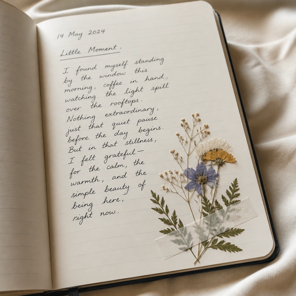 A small cluster of pressed flowers sits in the bottom-right corner of a diary page, held down by two strips of clear tape. Next to it is a handwritten paragraph with the date at the top and a title reading 'Little Moment'.