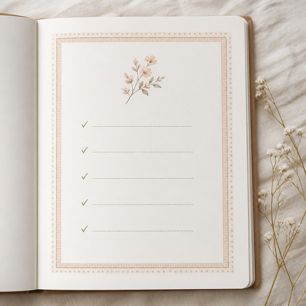 A diary page surrounded by a thin border made of two washi tapes - one with dots and one with thin stripes. Inside the border, there’s a centered title and a vertical list of 5 short lines with small checkmarks.