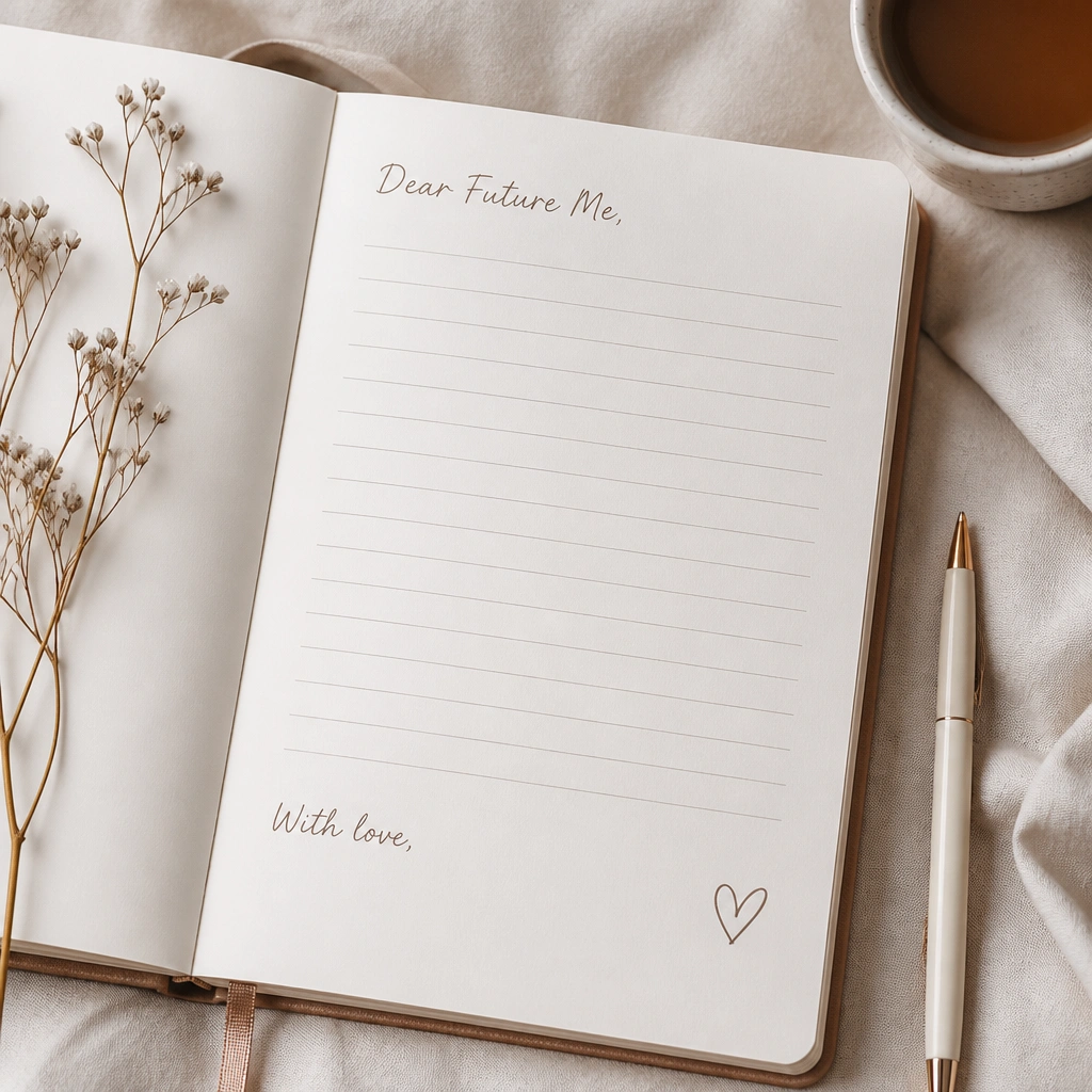 A diary spread with a letter-style layout: 'Dear Future Me' at the top, a blank lined middle, and a closing line near the bottom. A small heart doodle sits beside the signature area.