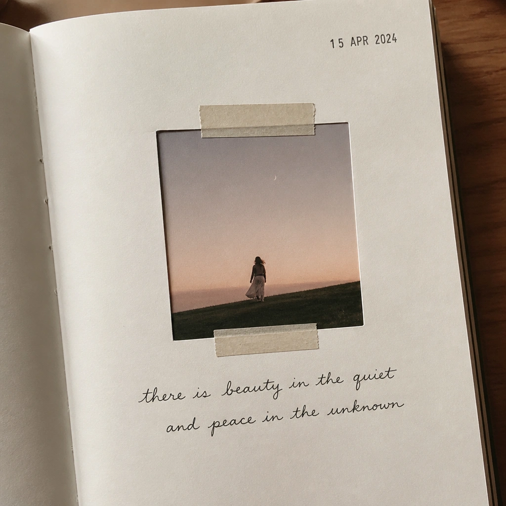 A diary page with a small printed photo inside a hand-cut square frame taped to the center. Around it are two lines of handwritten quote text and a date stamp in the top corner.