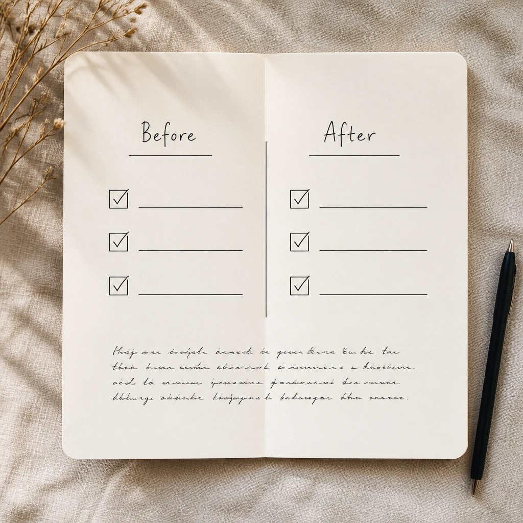 A page split into two columns labeled 'Before' and 'After'. Each column has a checklist with three items. Under the columns is a short paragraph in smaller handwriting.