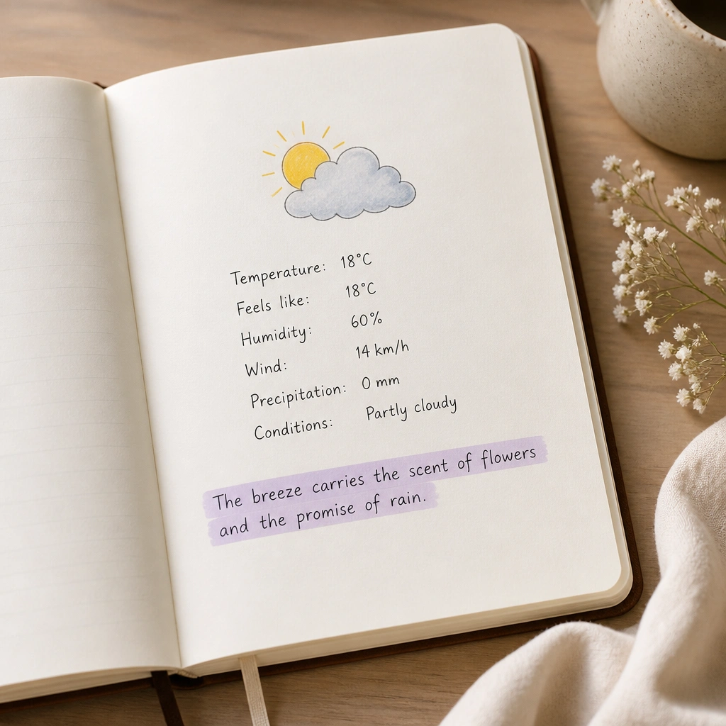 A diary spread with a weather icon at the top (cloud with sun). Under it, handwritten weather details are followed by a single line of sensory writing highlighted with a pastel marker.