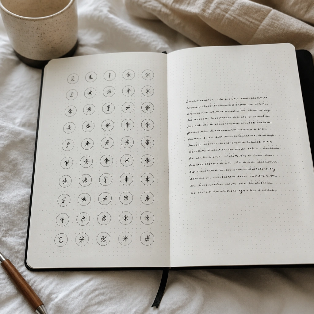 A diary page with a grid of small circles, each containing a tiny doodle (moon, key, leaf, star). Next to the grid is a paragraph starting with 'Tonight I’m thinking about...'.