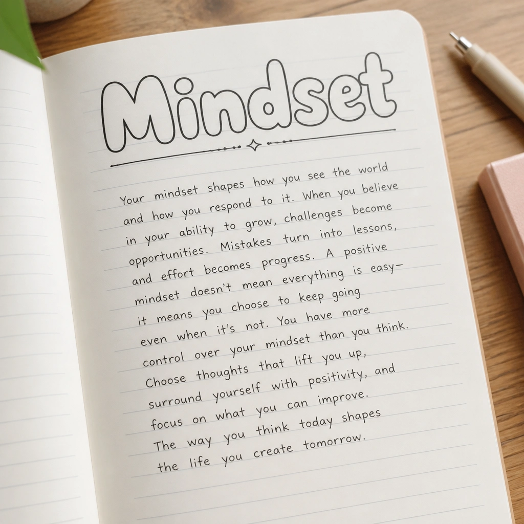 A page with a large hand-drawn title across the top in bubble letters. The title is underlined with a thin decorative line. The rest of the page has neat writing in straight lines.