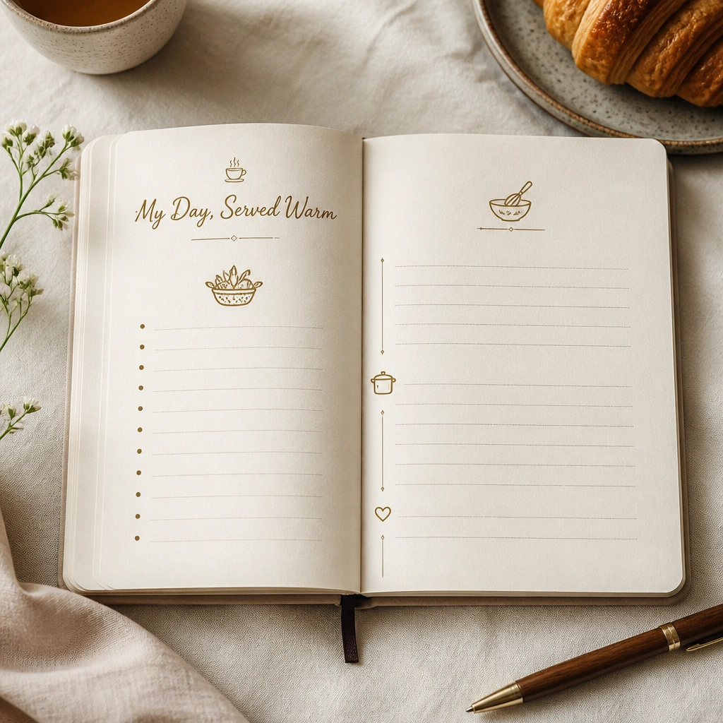 A diary spread written like a recipe: ingredients list on the left, instructions on the right, and a title reading 'My Day, Served Warm'. Small icons separate sections.