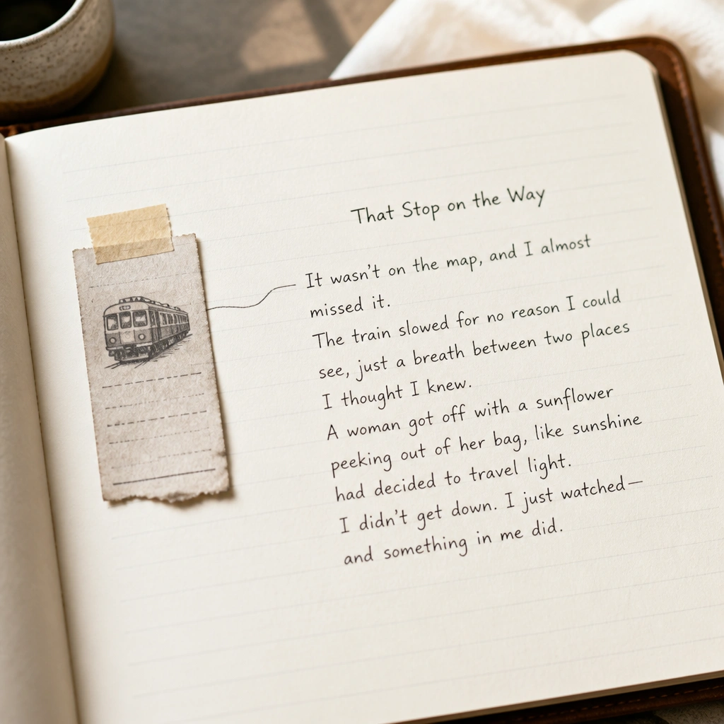 A small ticket stub is taped along the left margin of a diary page. Next to it is a short micro-story with a title 'That Stop on the Way'. A thin line connects the stub to the first sentence.