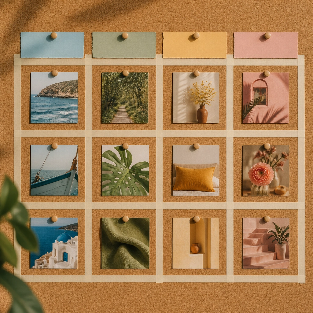 A corkboard covered with a clean 3x4 grid made from light beige label tape, with four color-coded paper tabs on the top row, and small pinned photo cutouts in each grid cell.