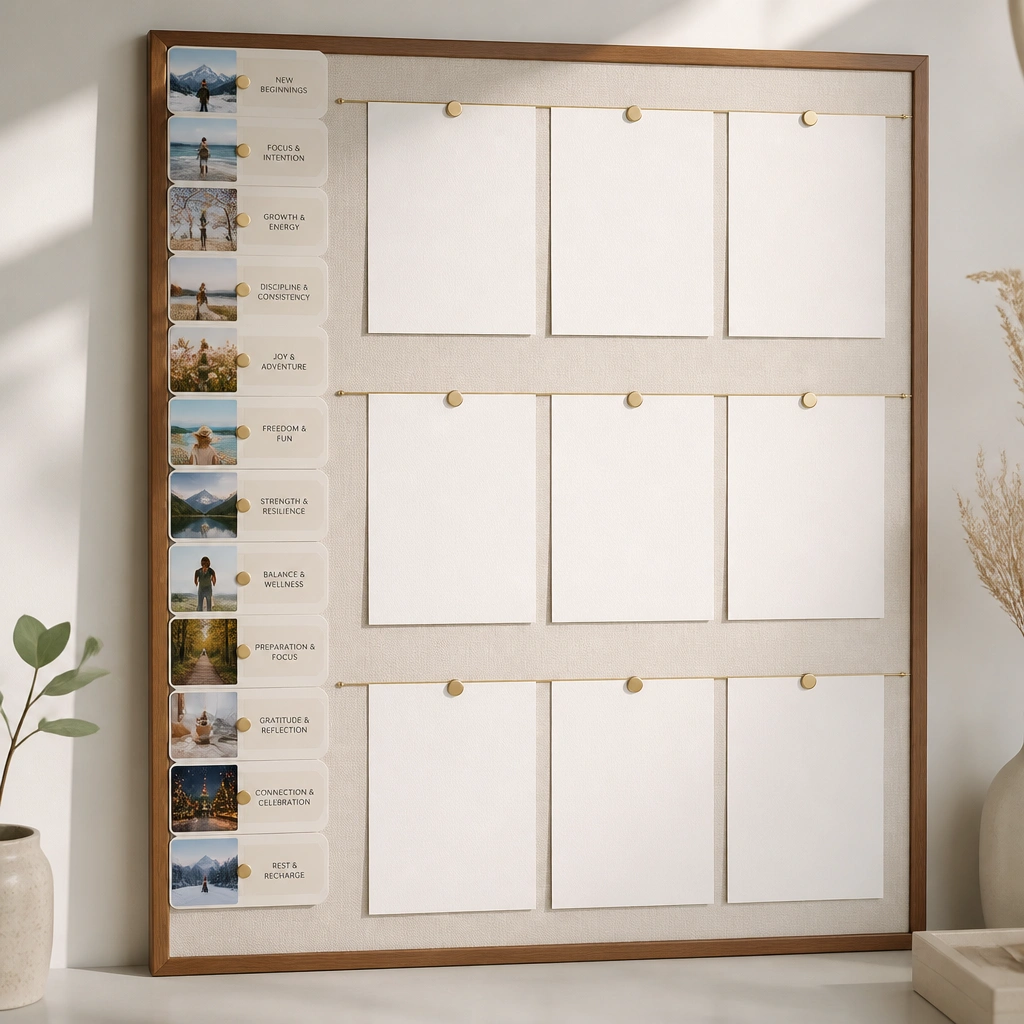 A vertical board with 12 month tabs along the left side, each tab featuring a tiny photo thumbnail and a short printed phrase; the main area has three horizontal rows of goals.