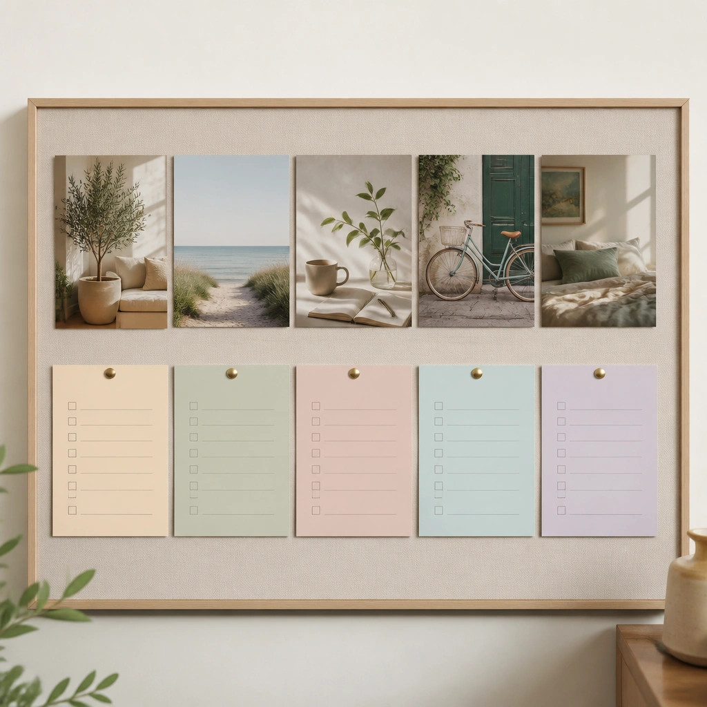 A board with a horizontal photo strip at the top, and beneath it a row of five micro-checklist cards with checkboxes; each card has a different pastel background.