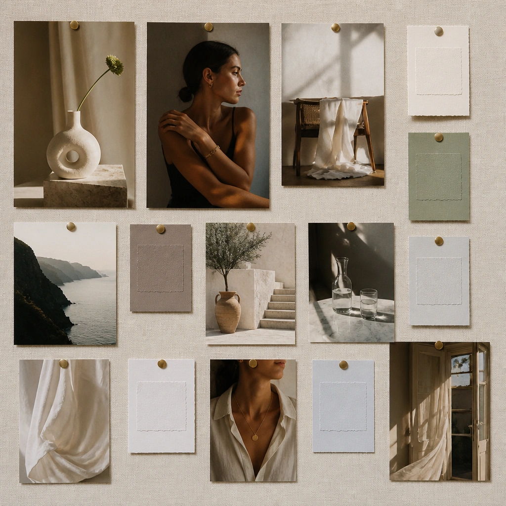 A collage board with magazine-style images, plus small “proof” cards that look like mini receipts or certificates, pinned in a neat grid.