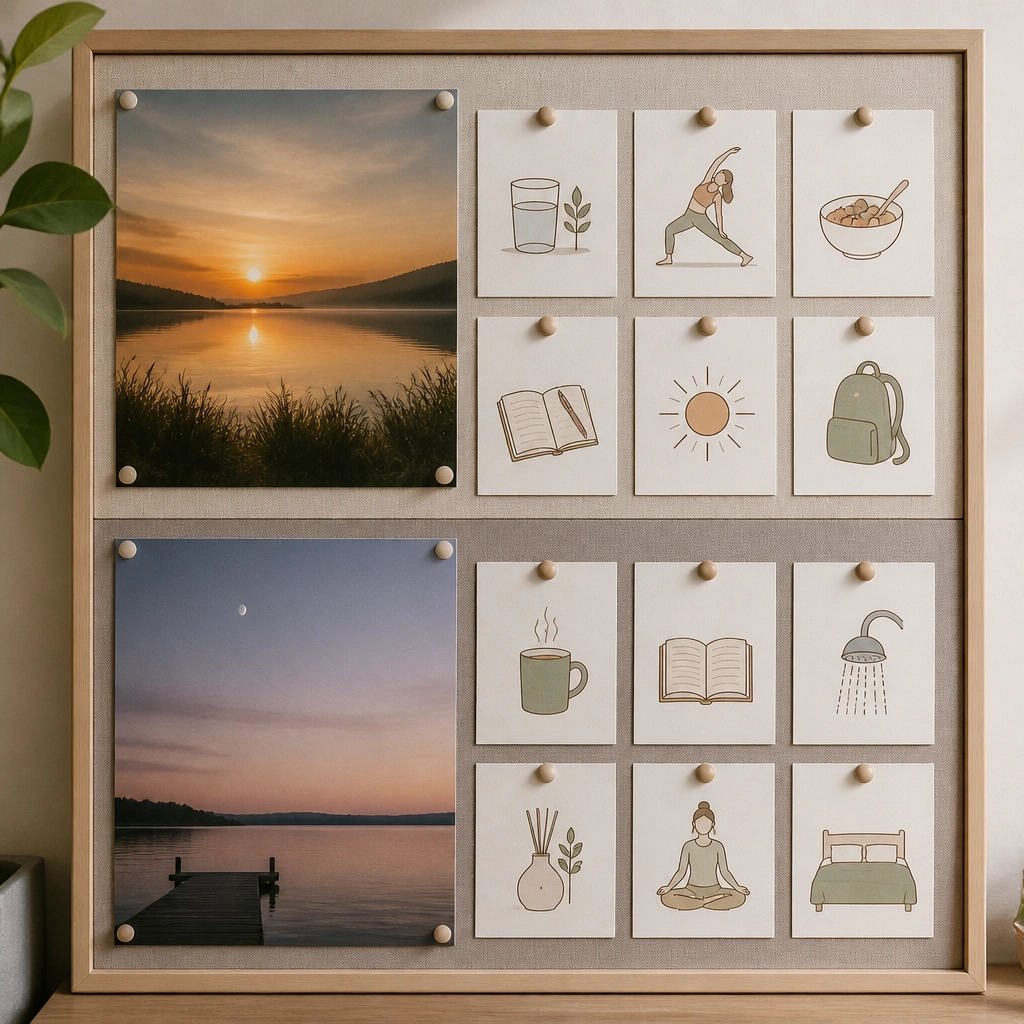 A board divided into two halves: the top half is labeled “Before Work” with morning routine cards and a sunrise photo; the bottom half is labeled “After Work” with wind-down cards and a muted evening photo.