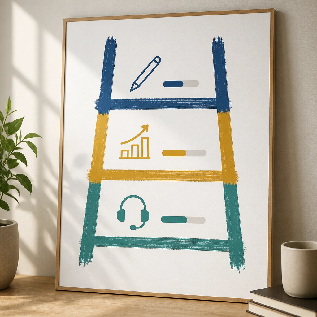 A board featuring a ladder graphic drawn with thick brush pen strokes in three colors, with small icons (pen, chart, headset) at each rung and mini progress bars beside them.