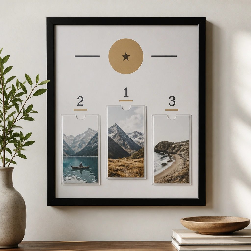 A black picture frame holding a printed “Top 3” poster, with clear plastic sleeves inside the frame and three labeled cards that can be swapped without removing the frame.