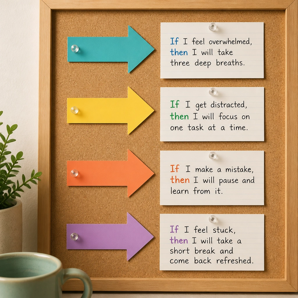 A corkboard with bold arrow stickers pointing to tasks, plus small cards with “If-then” statements written in neat handwriting in contrasting ink colors.