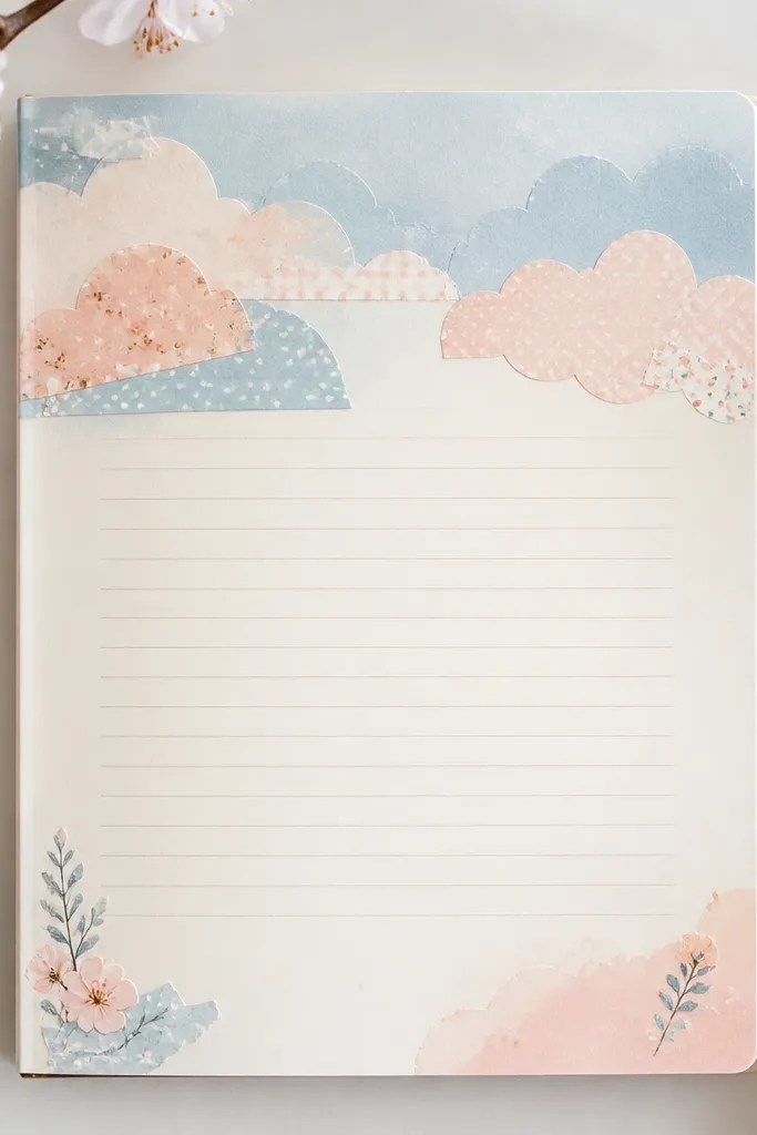 A pastel spring diary page with layered light-blue and peach washi tape clouds in the top third, soft watercolor-like gradients behind them, and a lined journaling area centered in cream paper.