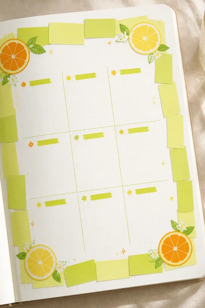 A bright summer diary layout with a lime-green sticky note border around the page, small orange and lemon doodles in the corners, and a grid of short prompts written inside the frame.