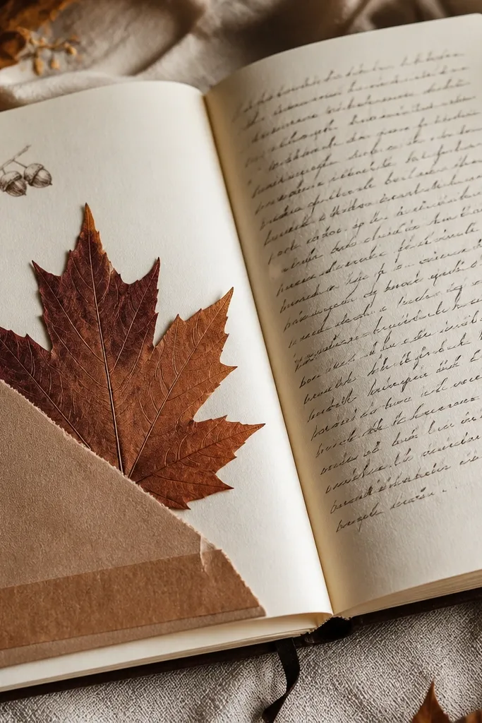A diary open to an autumn spread with a real pressed leaf tucked into a corner pocket, a warm brown paper strip under the leaf, and handwriting flowing beside it. There are small doodled acorns near the margins.