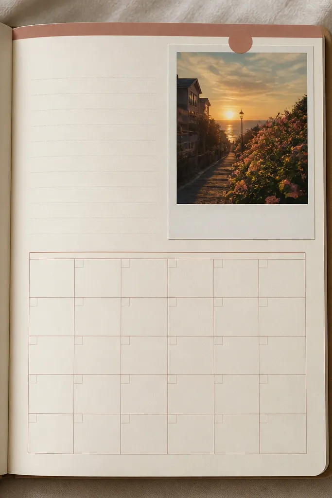 A diary page with a small Polaroid-style photo pasted in the top-right corner, a matching colored border strip, and a clean calendar grid underneath. The photo shows a seasonal moment like a street sunset or flowers.