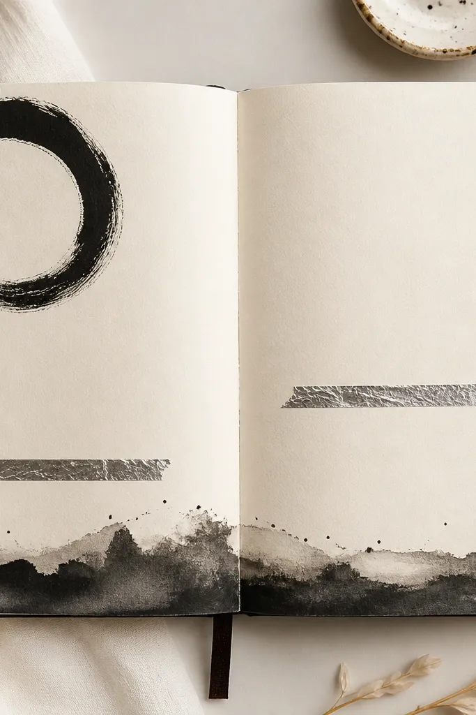 A minimal diary spread with cream paper, a black ink wash at the bottom edge, silver foil washi tape lines, and a single bold title in black brush pen.