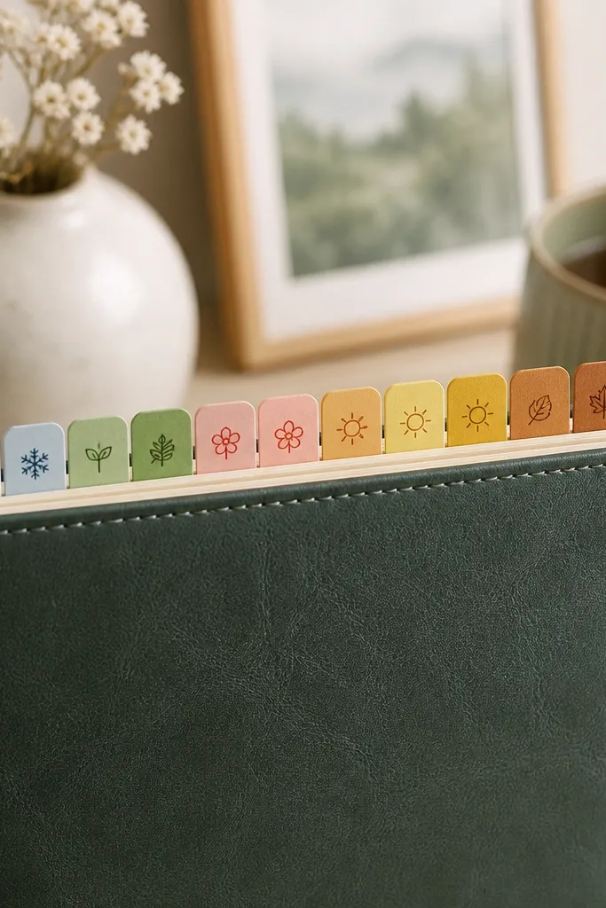 A diary with multiple date tabs sticking out from the top edge, each tab a different seasonal color. The tabs have handwritten dates and small icons like snowflakes, flowers, suns, and leaves.
