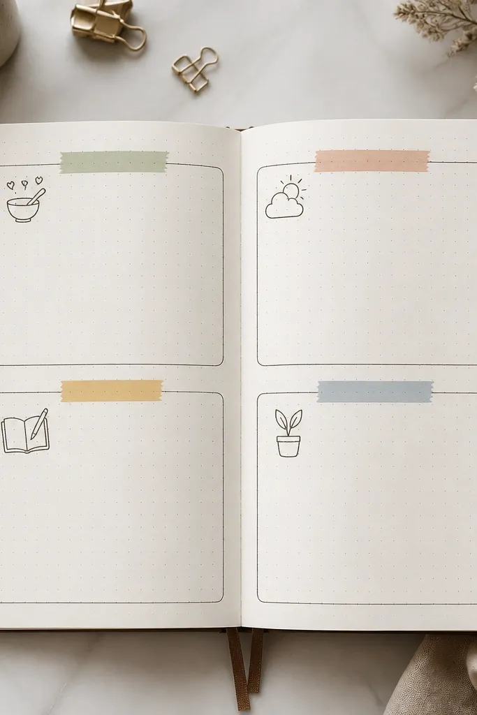 A diary spread with four neat boxes labeled like a recipe: Ingredients, Mood, What I Learned, Tomorrow. Each box has a small doodle icon and thin colored tape dividers.