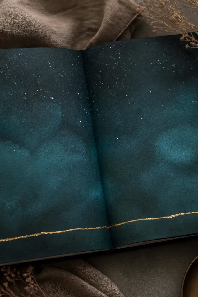 A dark teal spread with a gradient night-sky wash across the page, scattered white gel pen dots, and a thin gold foil line under the writing area.