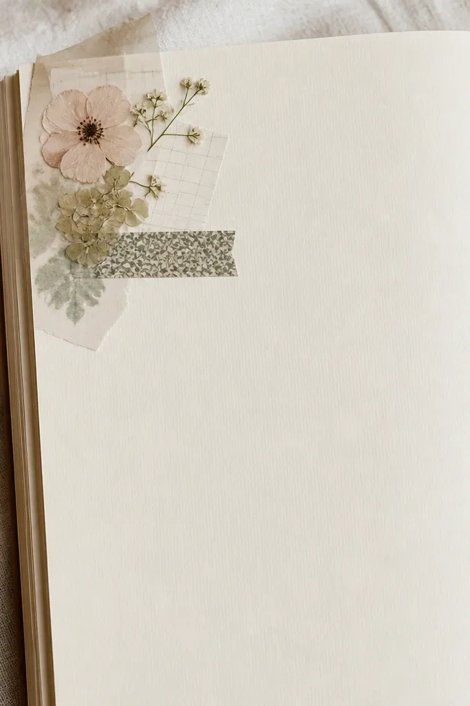 A diary page with a collage cluster in the top-left corner: small flower cutouts, a strip of patterned washi tape, and a translucent vellum overlay. The rest of the page is clean for writing.