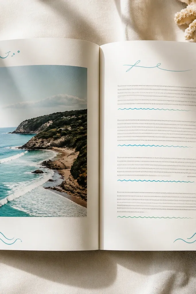 A spread where each paragraph has a wavy underline in ocean colors (turquoise and aqua). The title is written in a casual script, and the margins include small wave doodles.