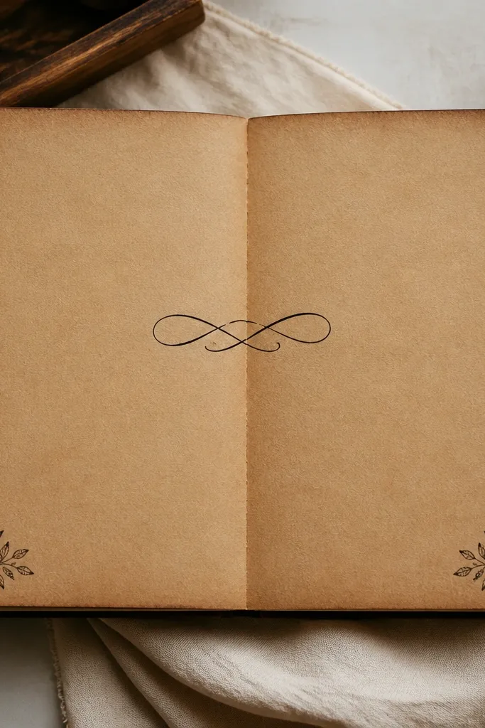 A diary spread with kraft paper pasted as a full-page background, edges lightly inked with dark brown, and a simple title centered in black calligraphy. There are small leaf stamps in the bottom corners.