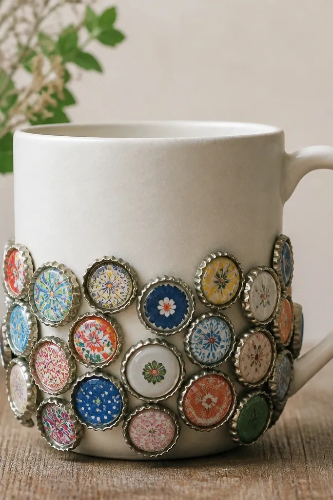 A mug covered with small bottle caps arranged like a patterned button cluster on the lower half, each cap showing a different colorful print under clear gloss.