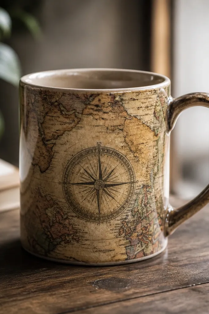 A mug with a faded, antique-style map pattern covering the sides, with a small compass graphic centered and sealed under a smooth glossy layer.