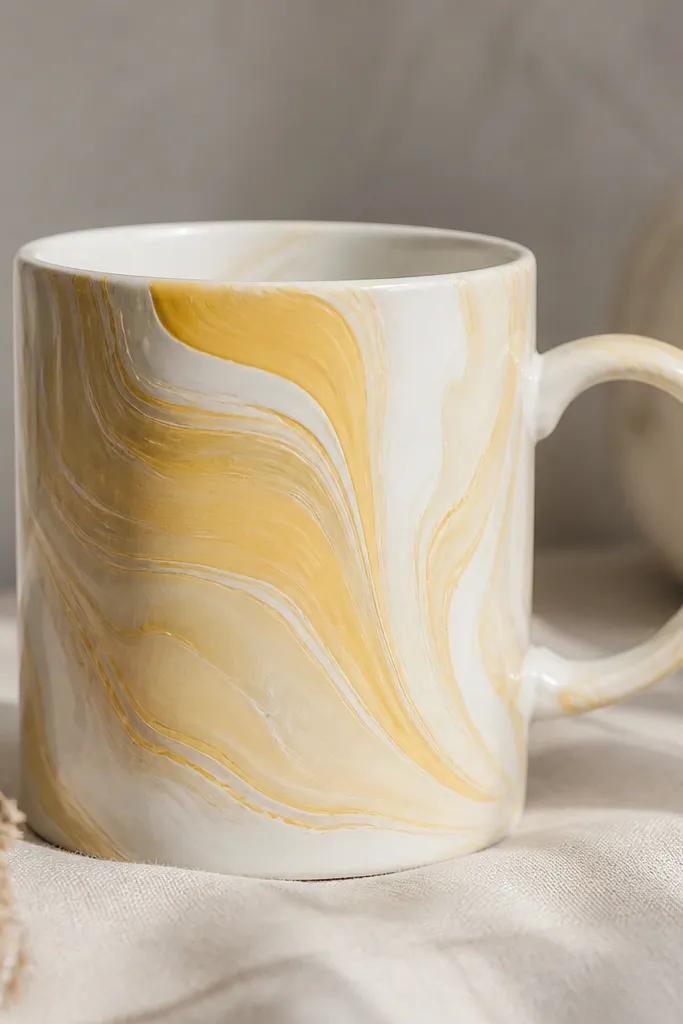 A white mug with a marbled yellow-and-cream paint pattern that looks like a gentle pour, with a glossy finish across the design.
