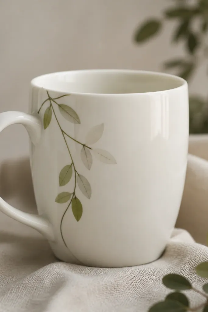 A mug with simple pressed-leaf silhouettes forming thin lines around the handle area, with subtle green accents and clear gloss over the details.