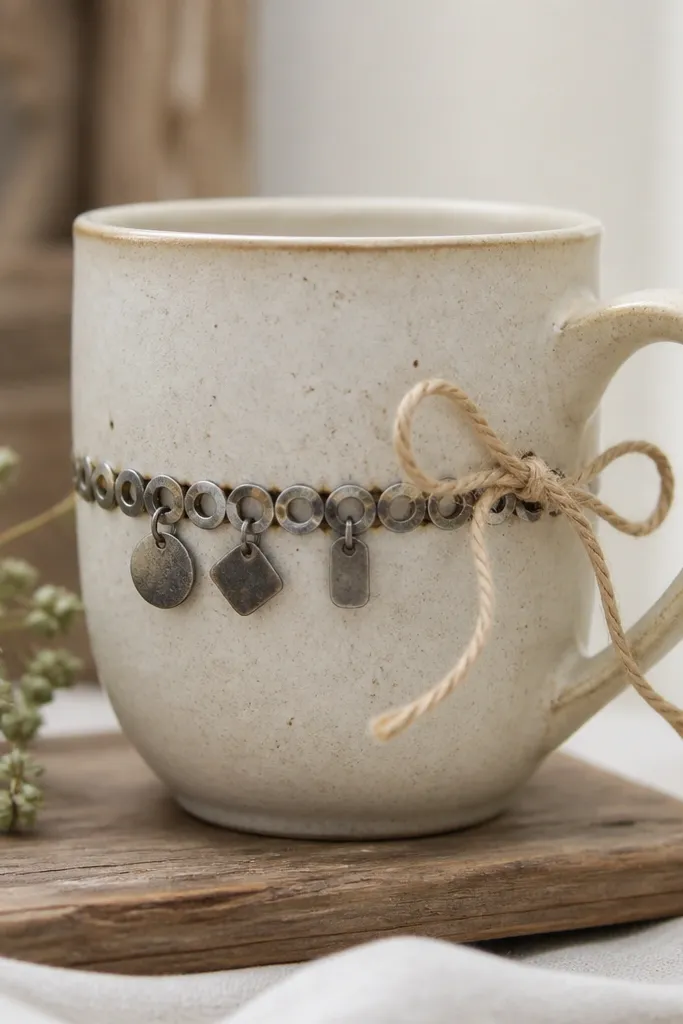 A mug with tiny metal washers and a few flat charms arranged like a mini belt around the middle, with a twine bow tied near the handle.