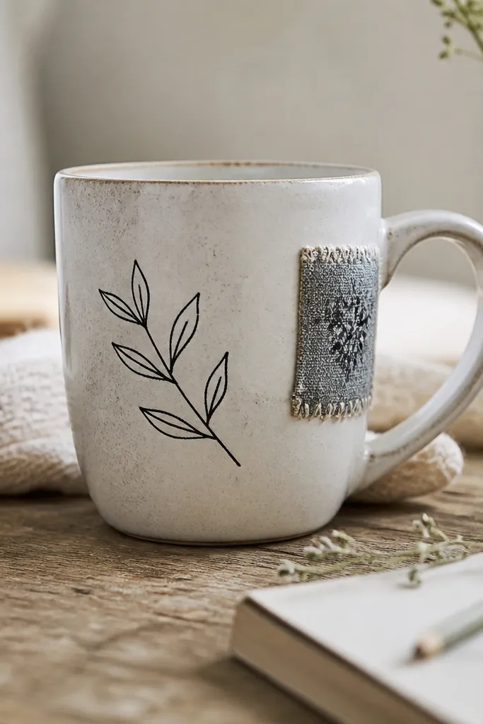 A mug with a simple vinyl phrase on the front and a small fabric patch accent stitched-look style on the side, both sealed with matte clear coat.